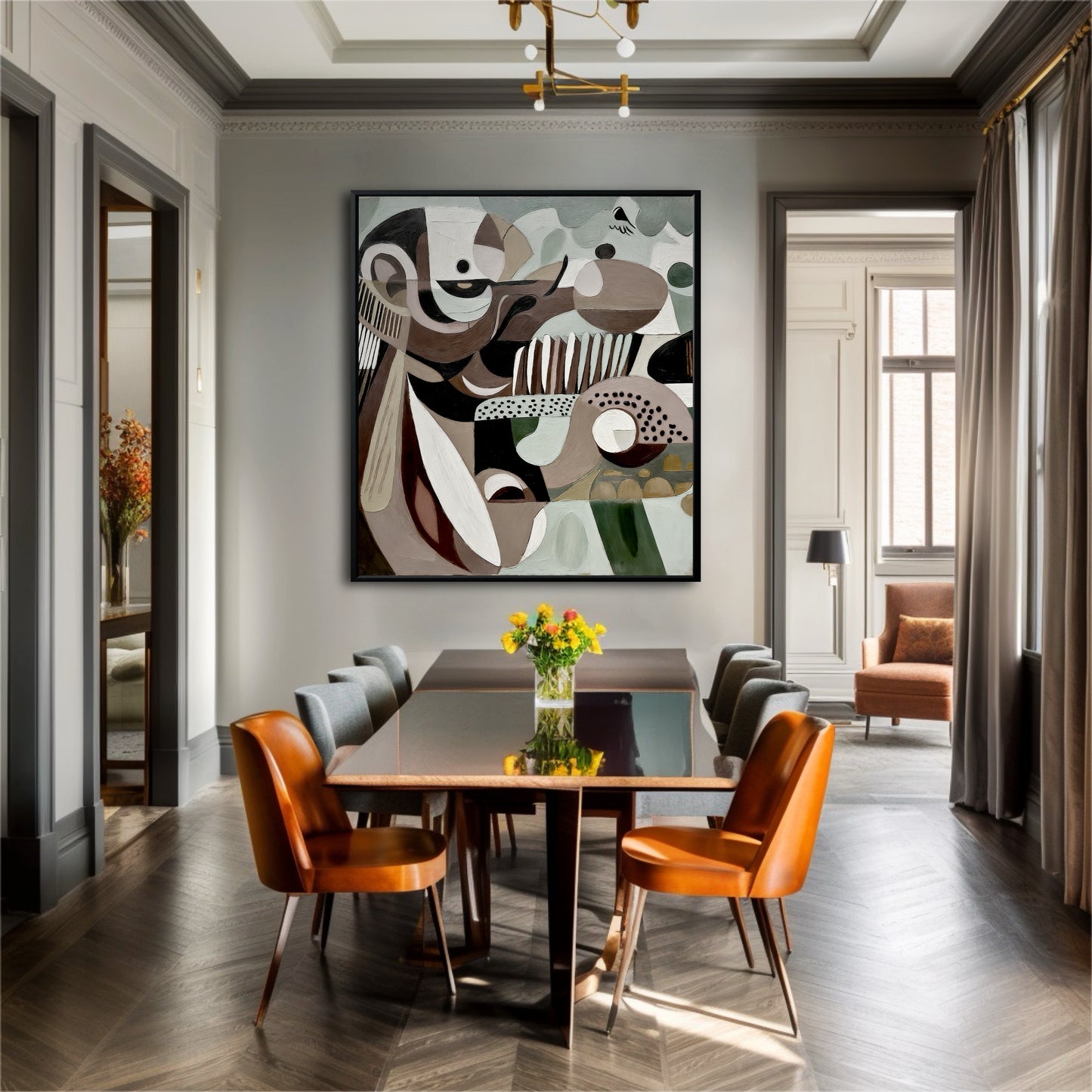 This large cubist artwork adds modern sophistication to a formal dining room, its warm tones contrasting with the cool grey walls.