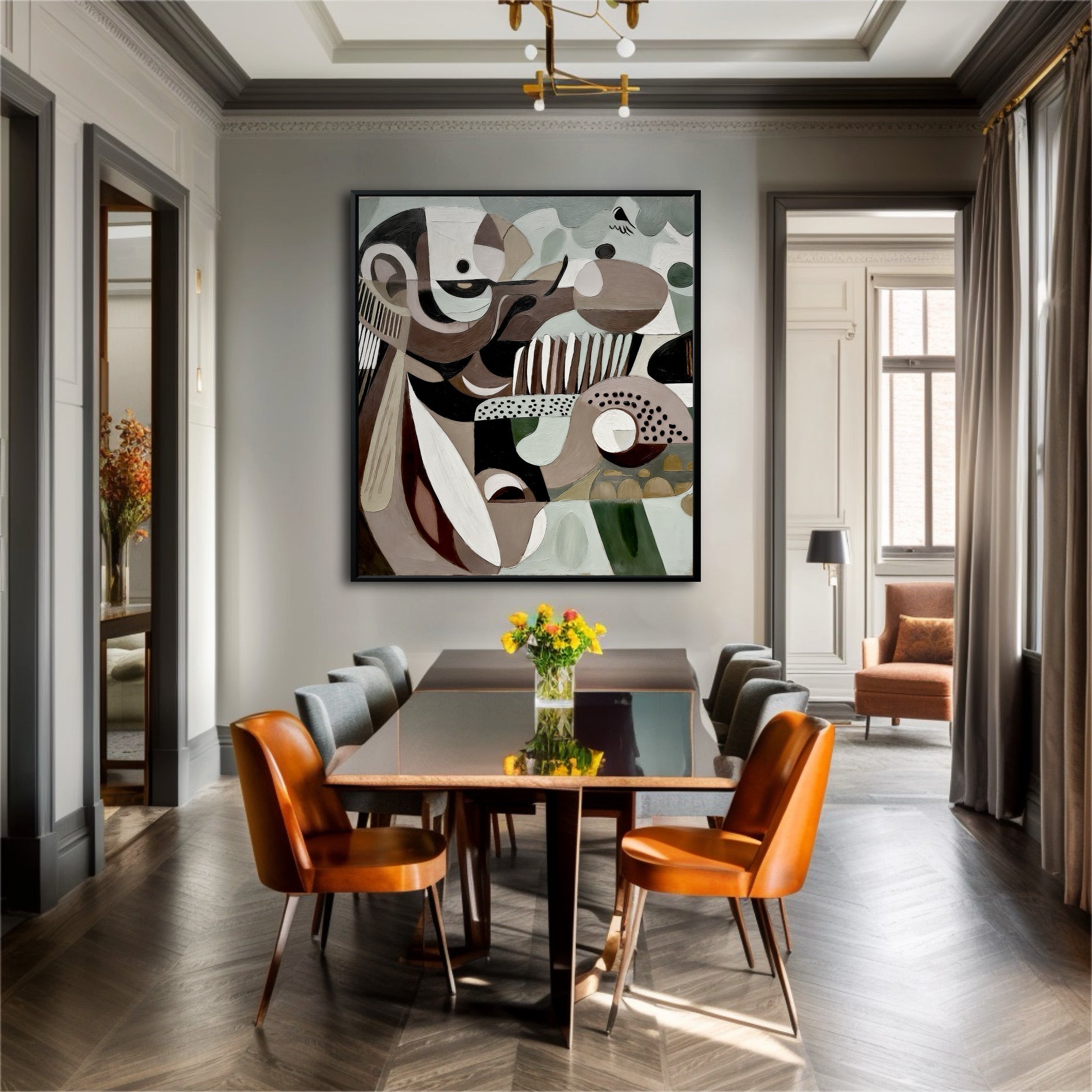 This large cubist artwork adds modern sophistication to a formal dining room, its warm tones contrasting with the cool grey walls.