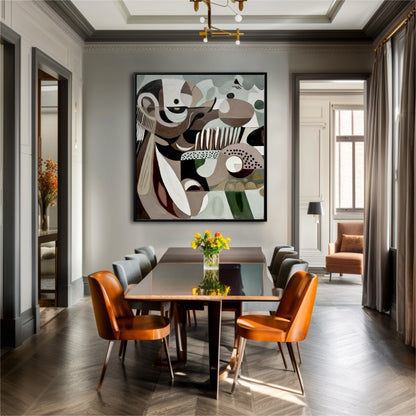 This large cubist artwork adds modern sophistication to a formal dining room, its warm tones contrasting with the cool grey walls.