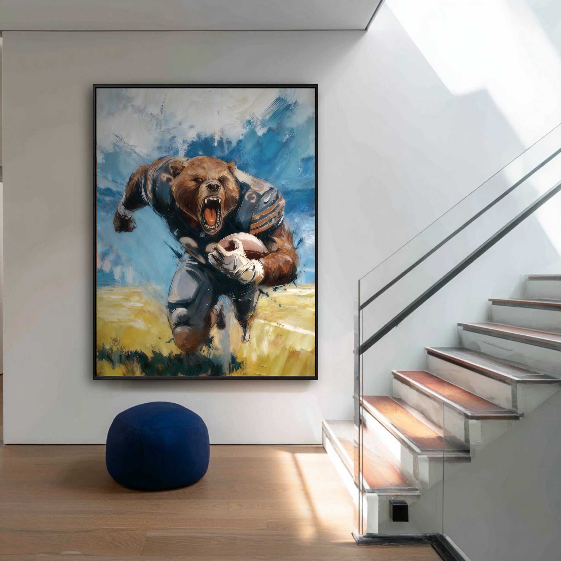 Large framed painting of a bear mascot at the bottom of a modern staircase with a blue pouf on a wood floor.