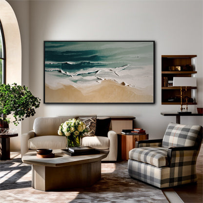 The painting's organic, flowing waves add a natural, calming element to a structured room with a plaid chair and dark wood furniture.