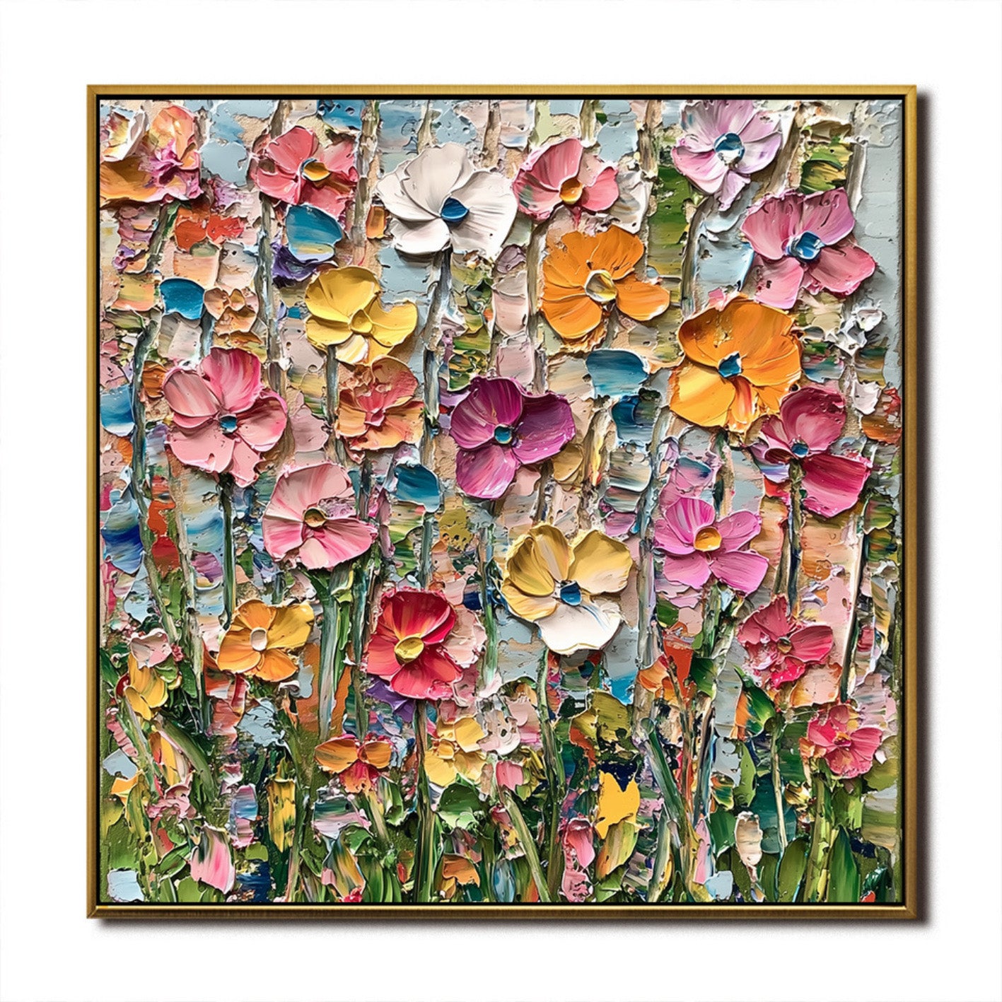 Original impasto wildflower painting. Highly textured palette knife floral art with pink, yellow, orange, and white. Vibrant, warm tone.