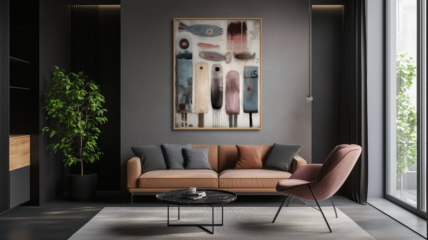 Abstract folk art introduces soft colors above a salmon leather sofa in a dark, sophisticated living room with a velvet pink armchair.