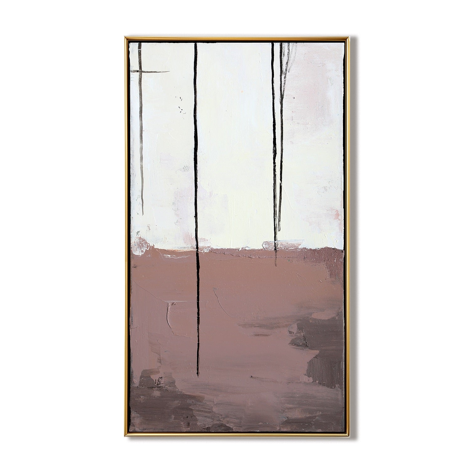 Minimalist abstract painting with earthy brown and cream tones, accented by vertical black lines on textured canvas.