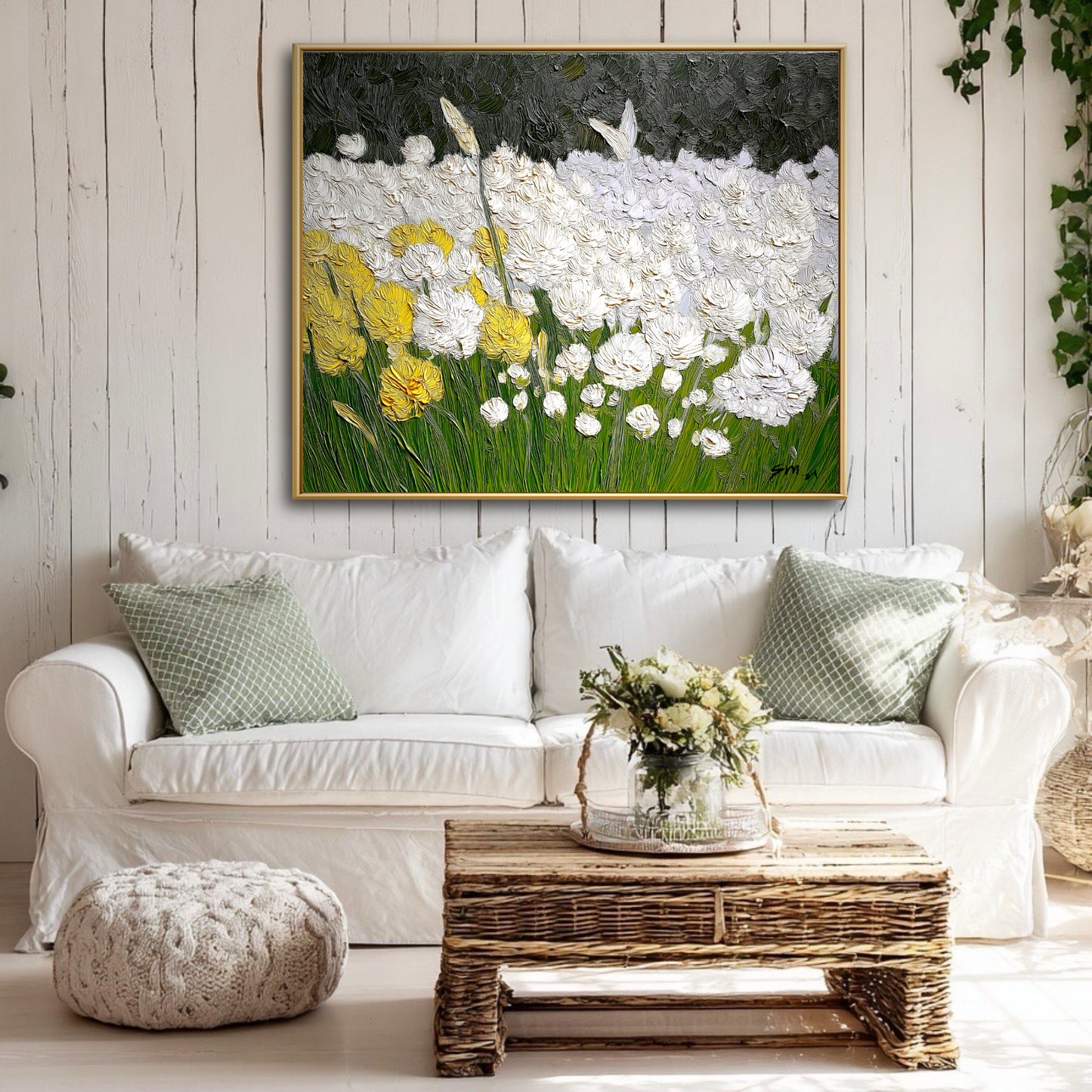Rustic & Cozy Original floral painting in rustic farmhouse living room. Sage pillows and wicker textures enhance the cozy, textured art vibe.
