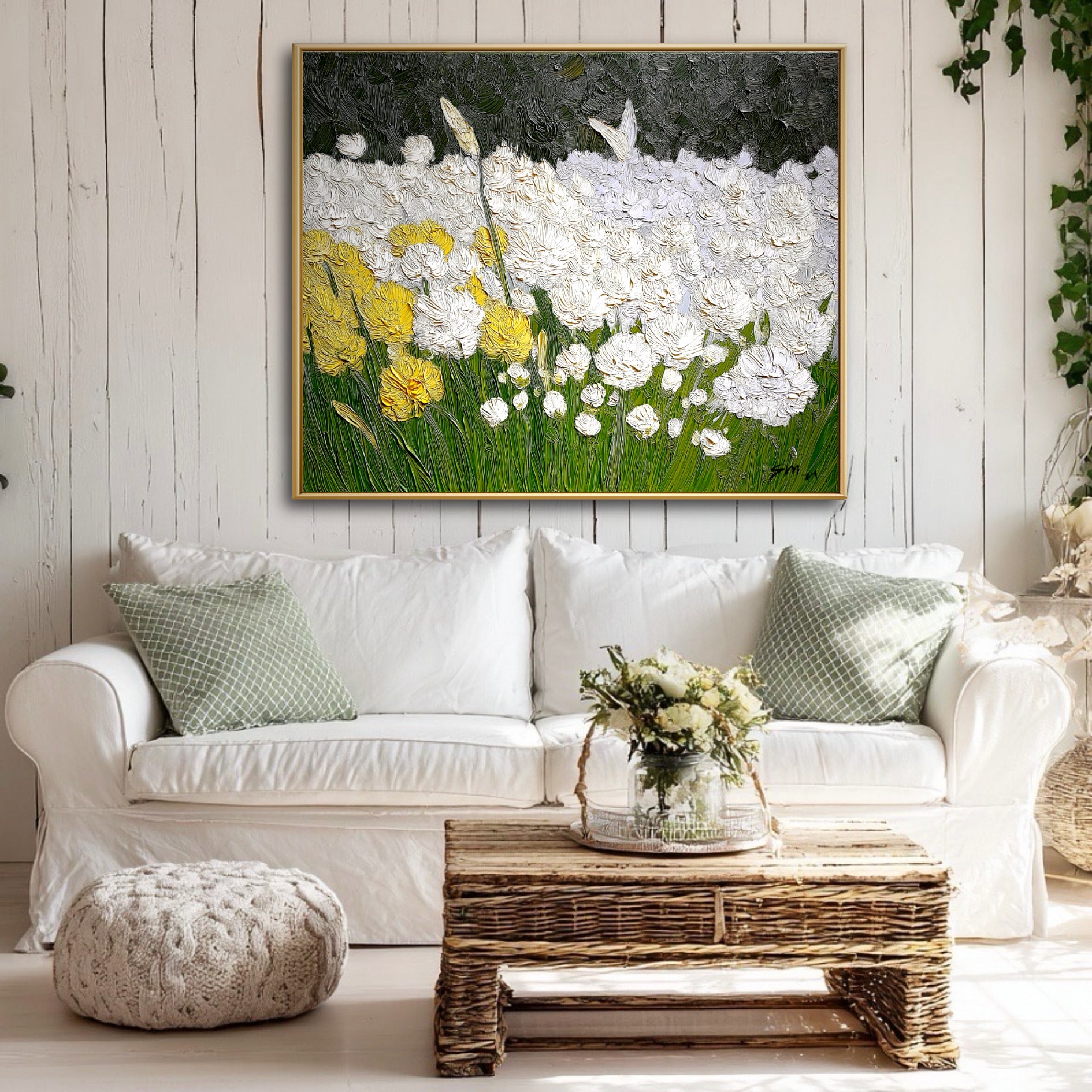 Rustic & Cozy Original floral painting in rustic farmhouse living room. Sage pillows and wicker textures enhance the cozy, textured art vibe.