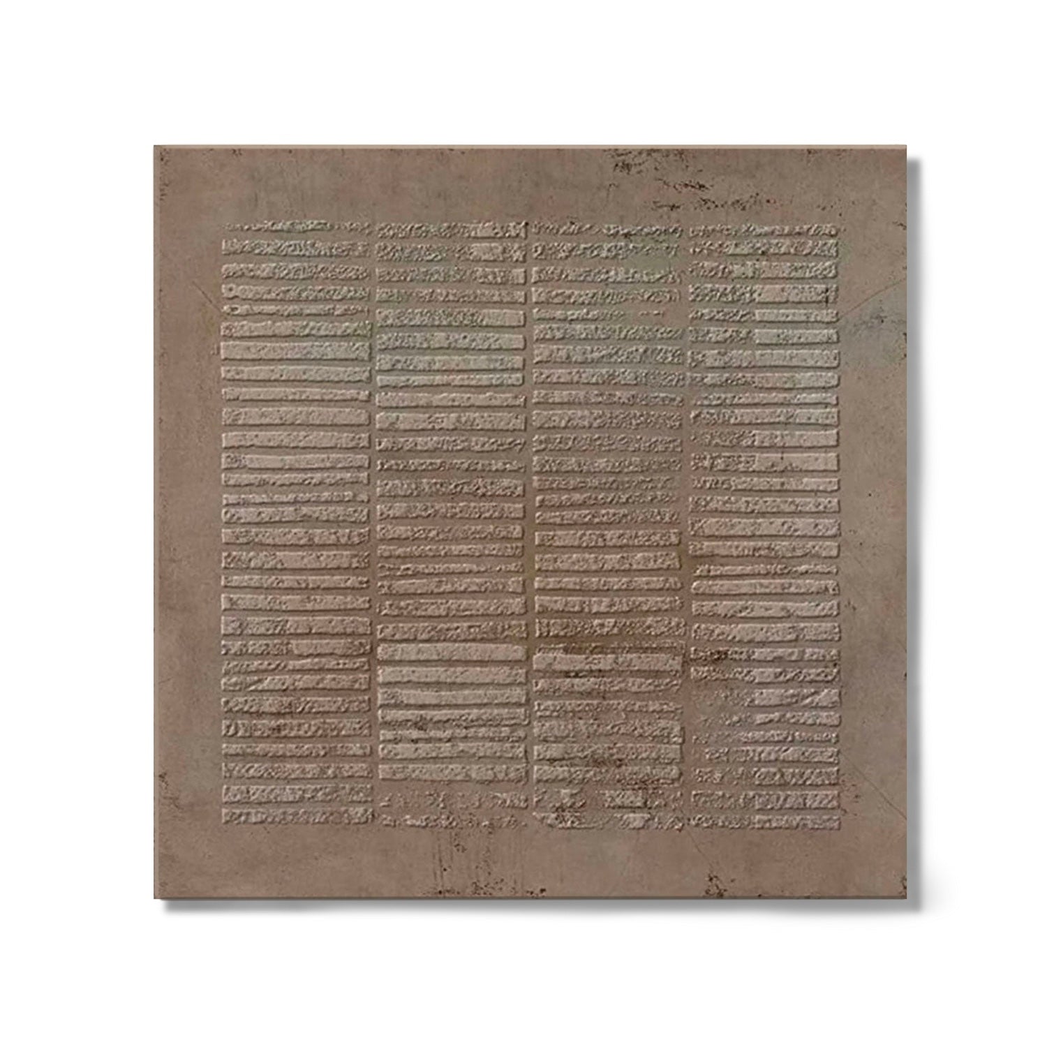 A grid of carved texture creates a rhythm of subtle movement across the surface. The warm neutral beige tones evoke a serene, ancient atmosphere. 