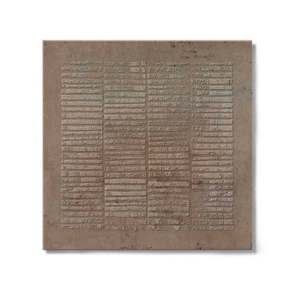 A grid of carved texture creates a rhythm of subtle movement across the surface. The warm neutral beige tones evoke a serene, ancient atmosphere. 
