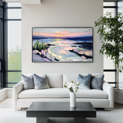 Original expressive landscape art enhances the light-filled, modern apartment with floor-to-ceiling windows, a white sofa, and a large indoor plant.