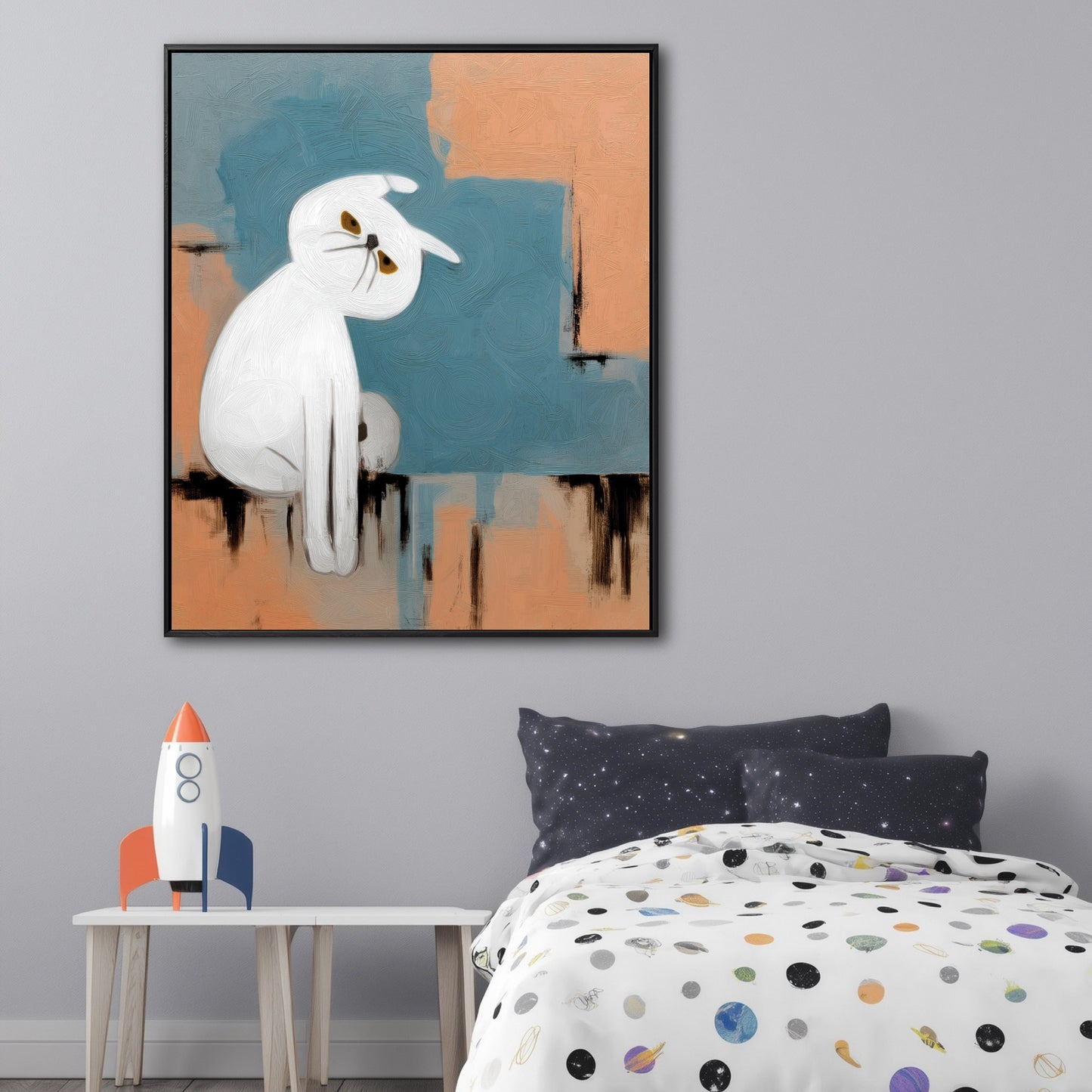 Original hand-painted cat painting in a playful kids' room, adding a whimsical touch above a rocket-themed bed.