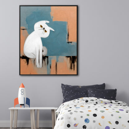 Original hand-painted cat painting in a playful kids' room, adding a whimsical touch above a rocket-themed bed.