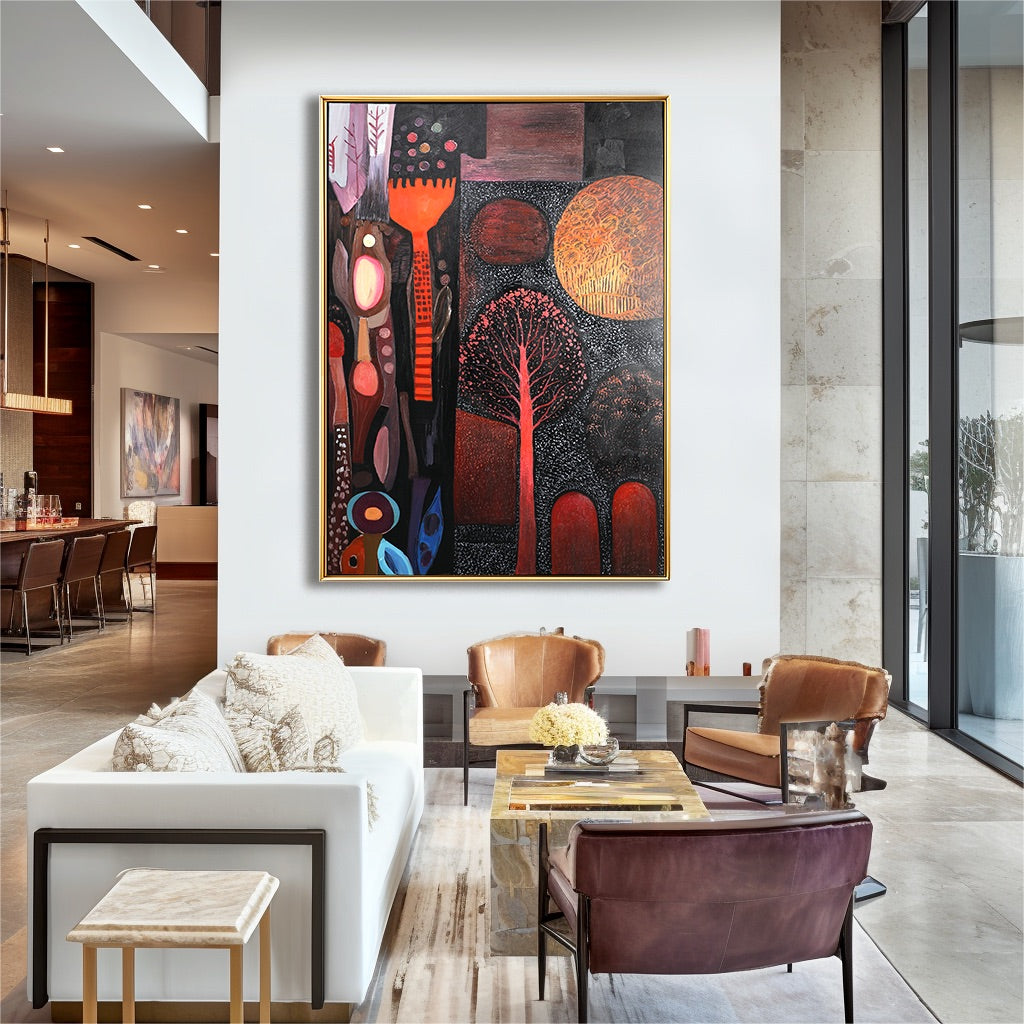 Tribal abstract art in a gold frame dominates a luxury living room with warm leather chairs and a high ceiling.