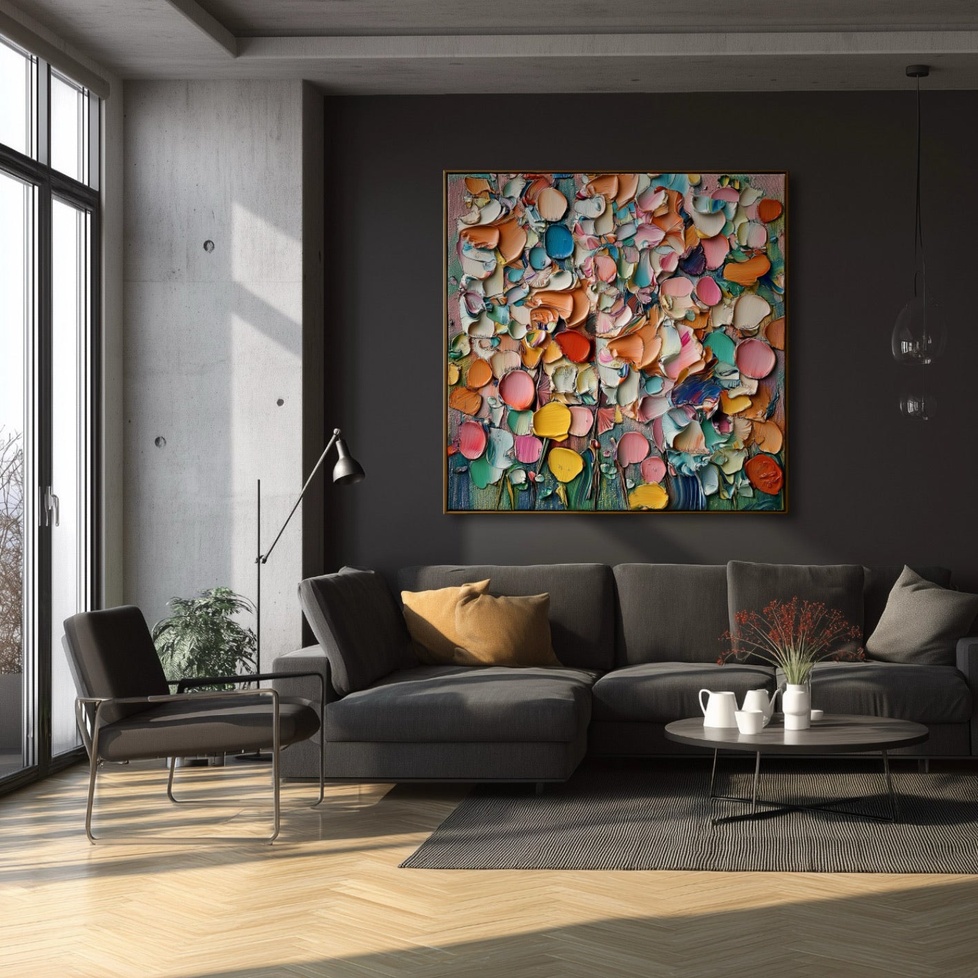 Vibrant impasto abstract provides energetic color and warmth to the moody, minimalist living room with dark gray walls and concrete pillar.