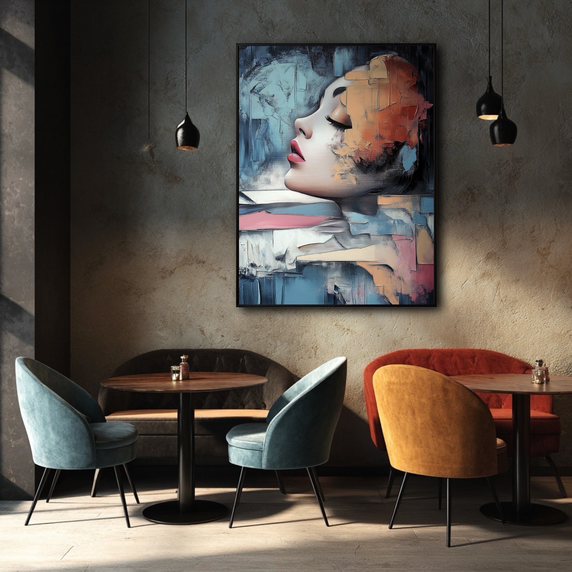 Abstract textured portrait. Wall art for a modern cafe or restaurant. Creates a cozy, intimate ambiance with artistic flair.
