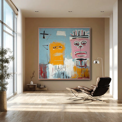 A large abstract painting on a tan wall in a spacious, light-filled room with a tall window and a brown leather lounge chair.