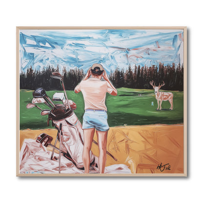 Original painting of a golfer watching a deer with binoculars. Warm ochre and green tones create a humorous, nature-inspired vibe.