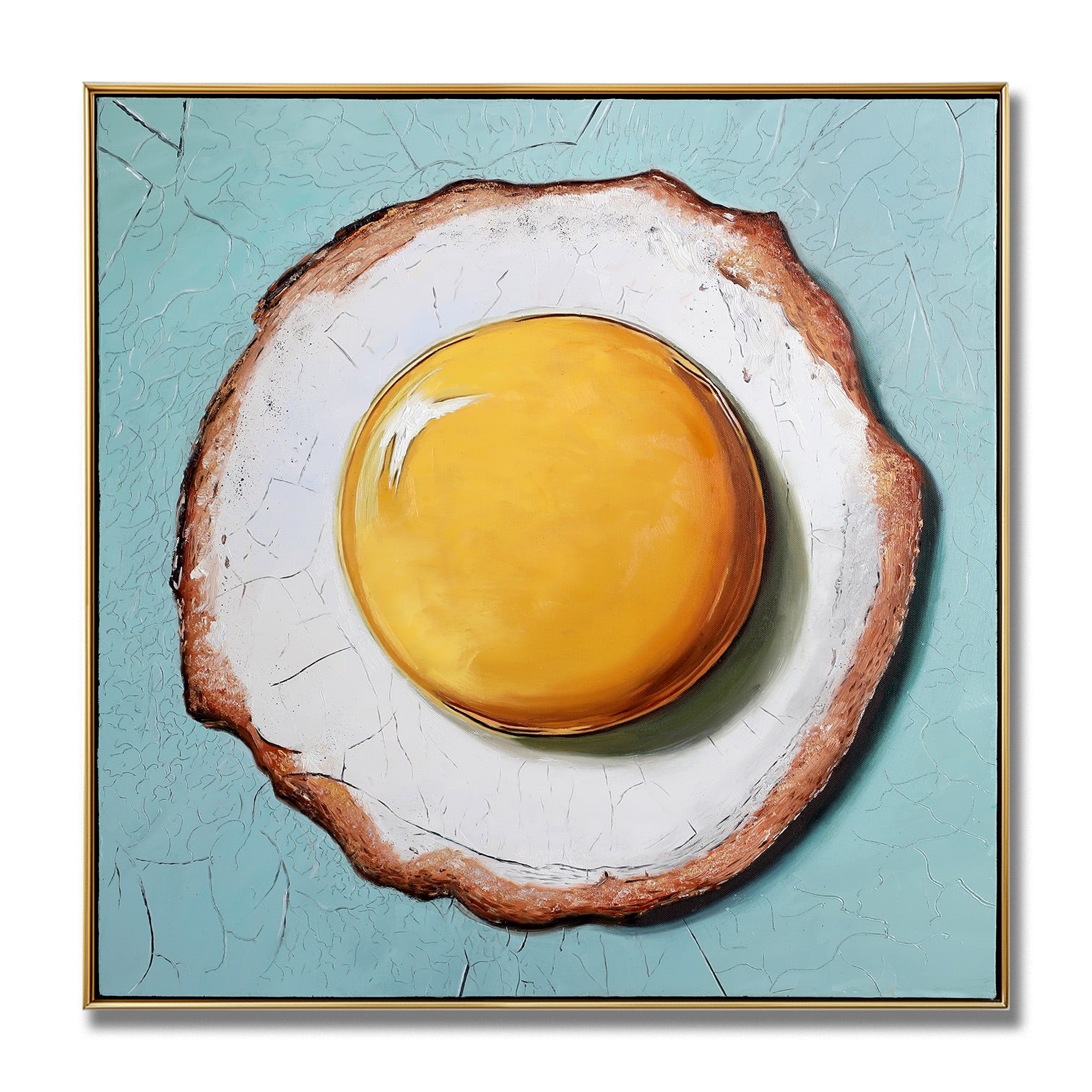 Original fried egg on toast painting, warm yellow yolk against cool turquoise crackle background. Whimsical kitchen wall art.