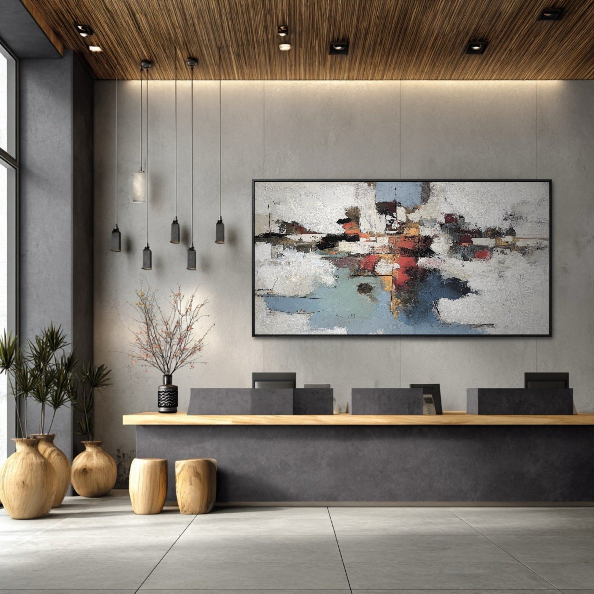 Abstract cityscape art anchoring the modern white sofa with dark blue depth, serving as a dramatic focal point in the minimalist room.