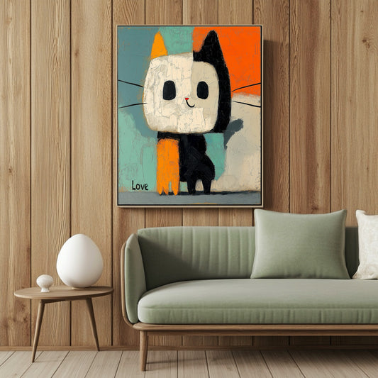 Original patchwork cat art enhances the coastal-bohemian feel, pairing soft colors and texture with the blue sofa and woven accents.