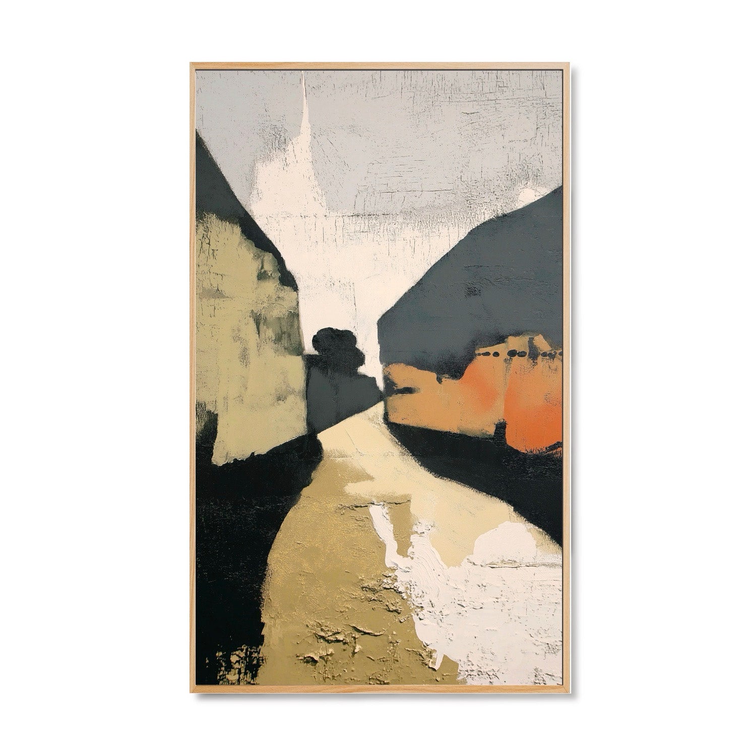 Original hand-painted abstract art: extreme texture and geometric movement in neutral gray, charcoal, olive, and warm orange tones.