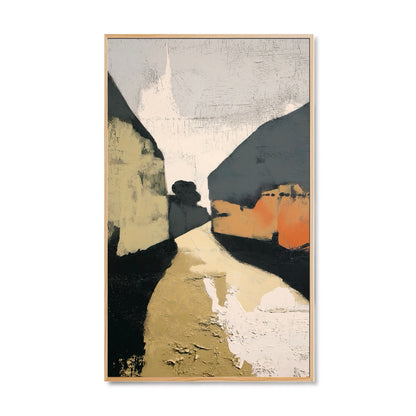 Original hand-painted abstract art: extreme texture and geometric movement in neutral gray, charcoal, olive, and warm orange tones.