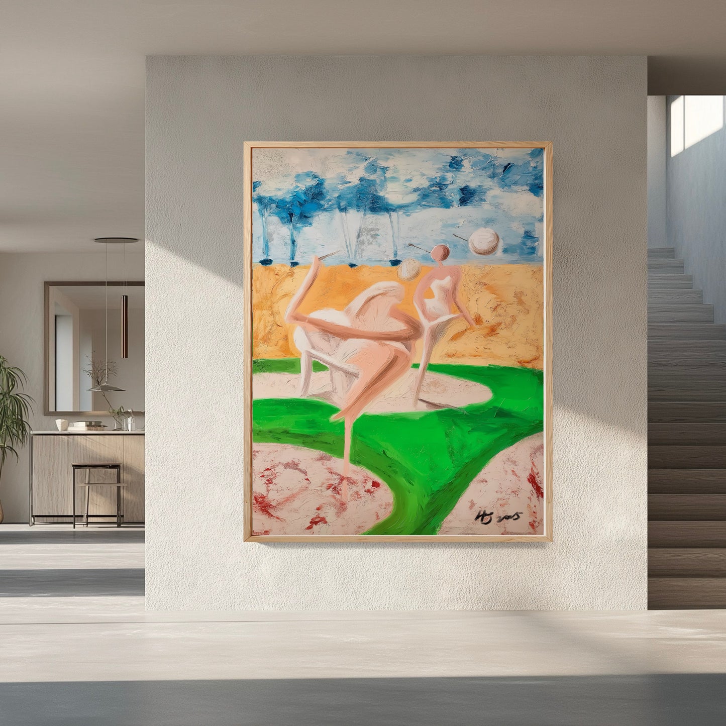 Hand-painted abstract wall art in a minimalist architectural hall. Bright green curves enhance the depth of the spacious, airy vibe.