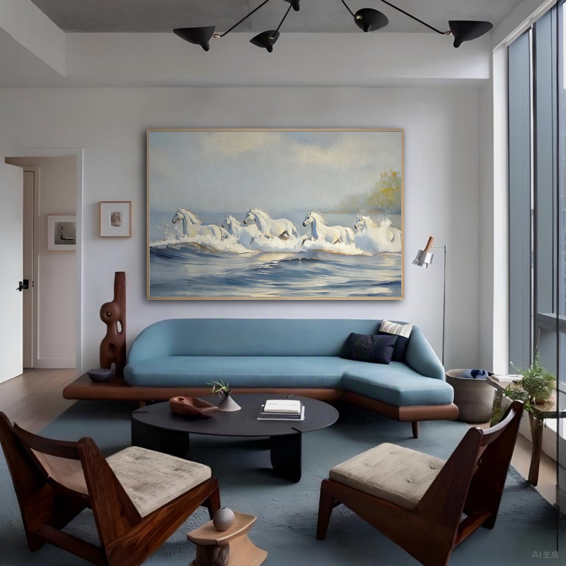 A large horse painting hangs over a blue sofa in a mid-century modern living room with wood-framed chairs.