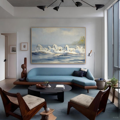 A large horse painting hangs over a blue sofa in a mid-century modern living room with wood-framed chairs.