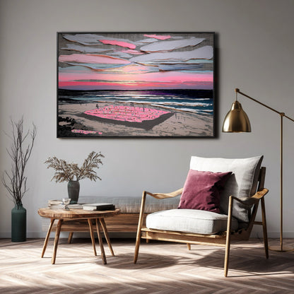 Original thick-texture seascape painting above a natural wood chair and brass lamp, adding a vibrant warm pink glow to a cozy reading nook.