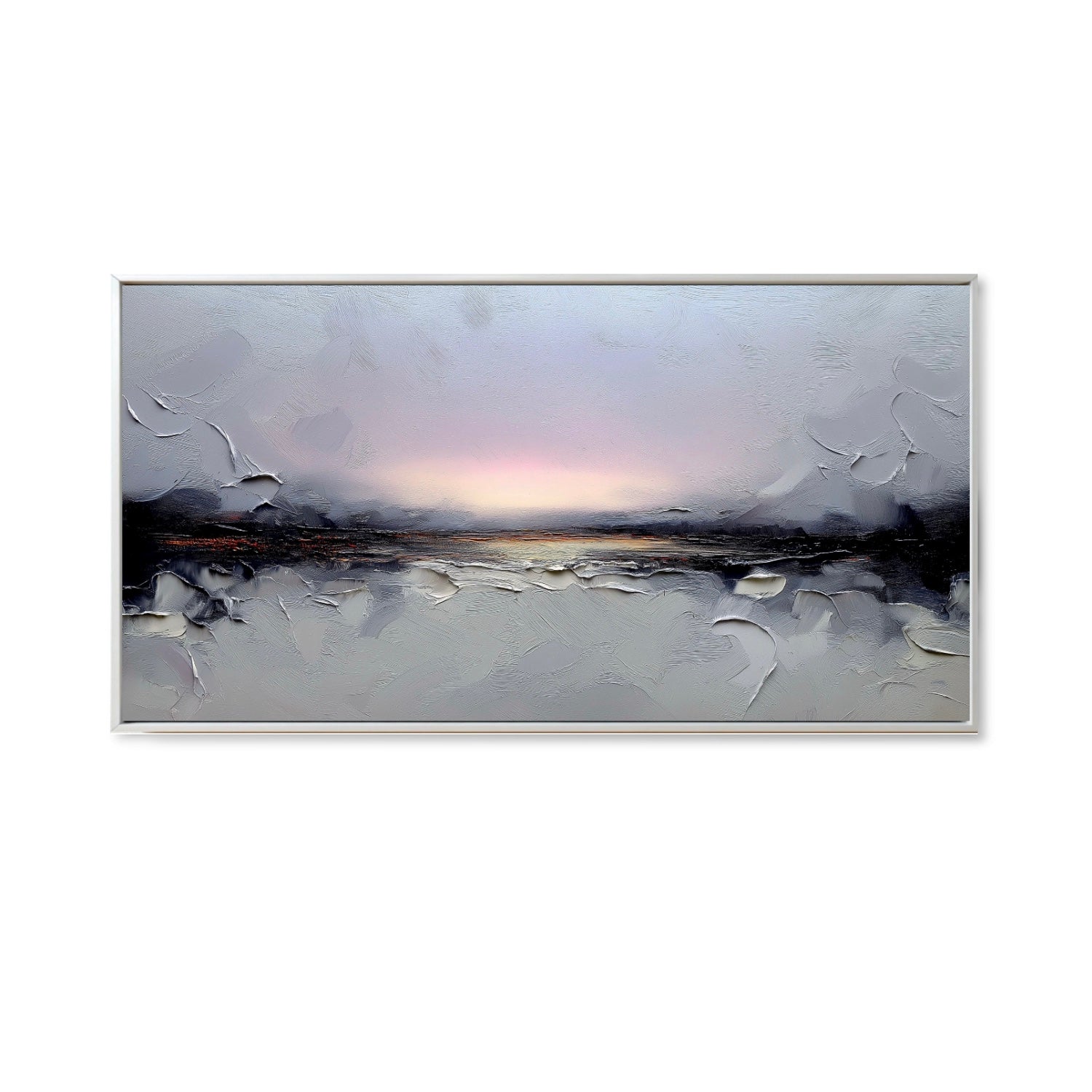 An elegant expressionist hand-drawn oil painting: a panoramic Sunset landscape in detailed strokes, cold, and grey tones.