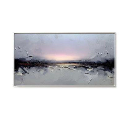 An elegant expressionist hand-drawn oil painting: a panoramic Sunset landscape in detailed strokes, cold, and grey tones.