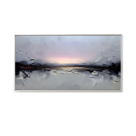 An elegant expressionist hand-drawn oil painting: a panoramic Sunset landscape in detailed strokes, cold, and grey tones.