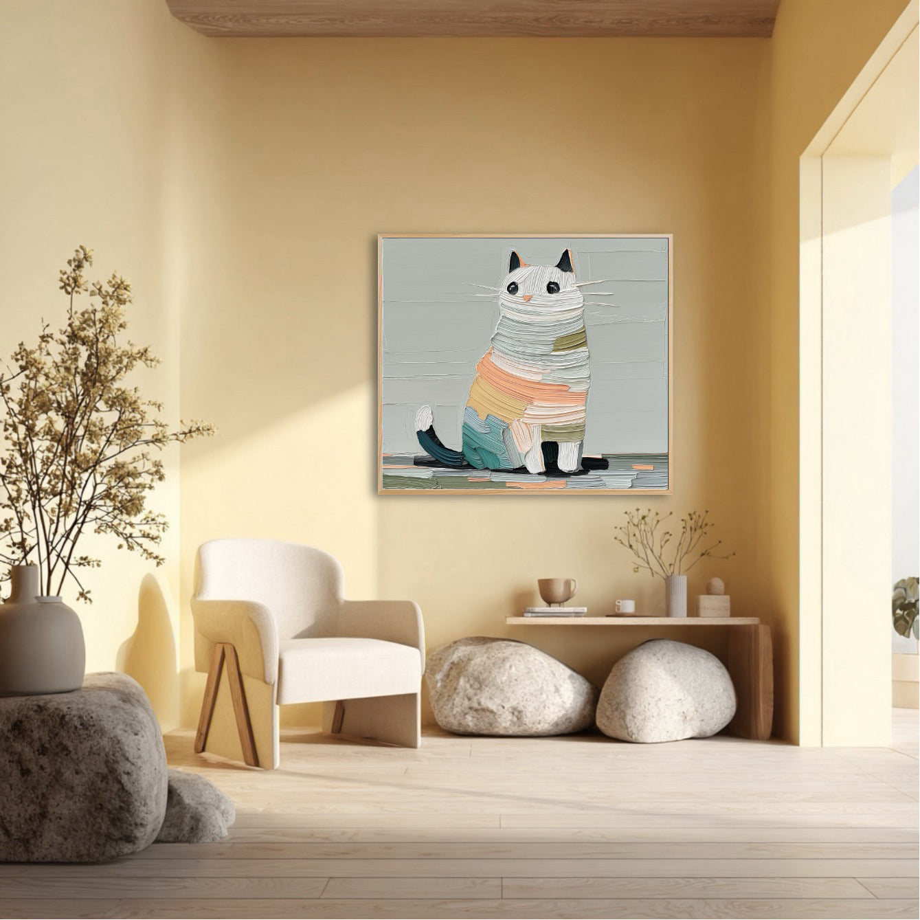 Textured cat painting brightens a minimalist lounge with yellow walls, an accent chair, and natural elements like large river stones and wood beams.