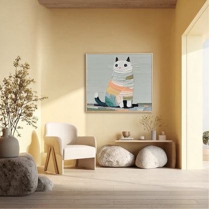 Textured cat painting brightens a minimalist lounge with yellow walls, an accent chair, and natural elements like large river stones and wood beams.