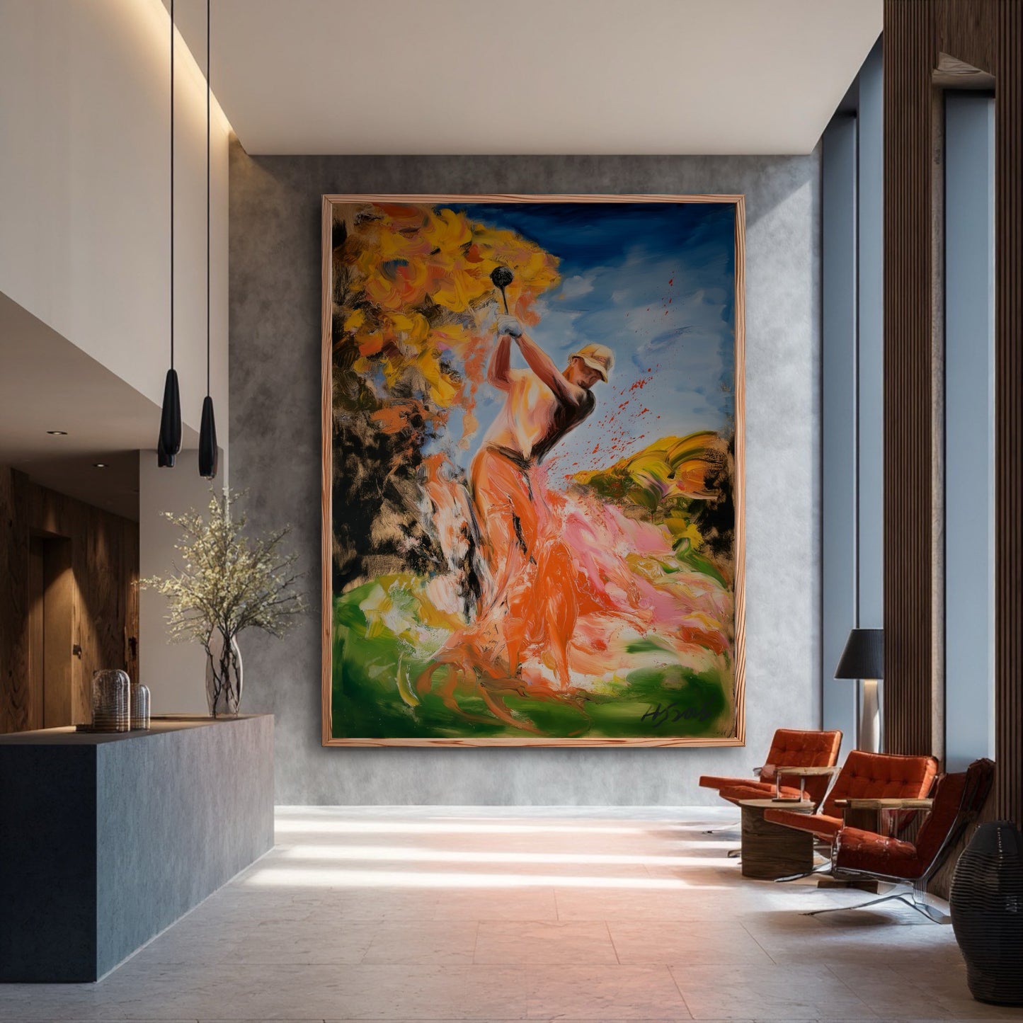 Original large golf painting in a luxury modern lobby. Vibrant orange hues perfectly match the leather seating and grey walls.