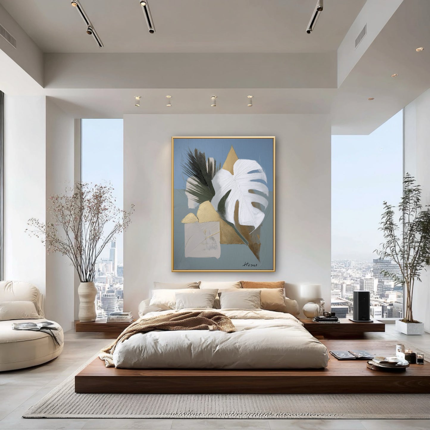 Abstract botanical painting in a luxury bedroom. Serene blue tones enhance the airy, modern atmosphere of the open space.