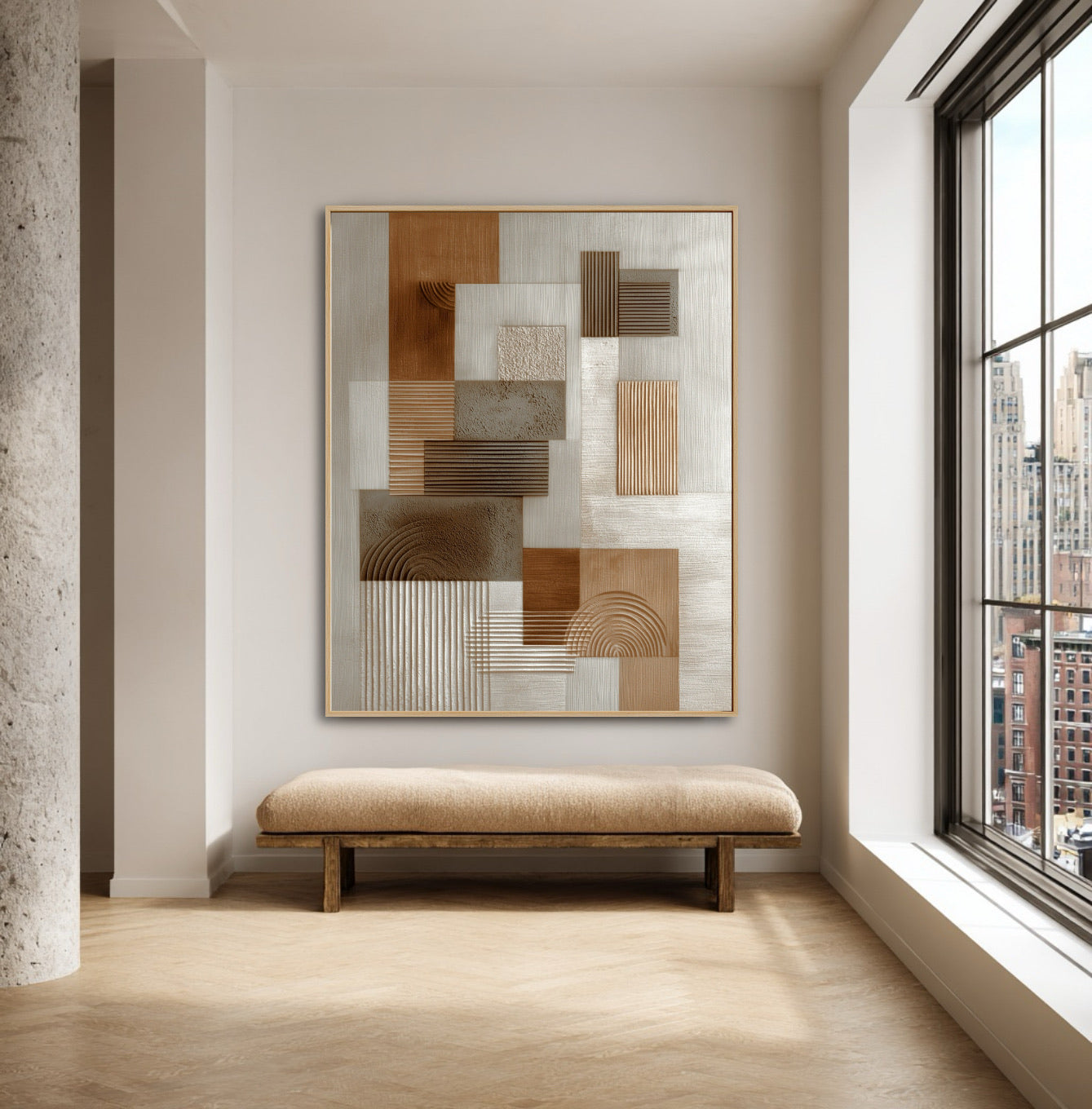 Warm neutral art above a low bench, defining a minimalist entryway with tall windows and herringbone floor.