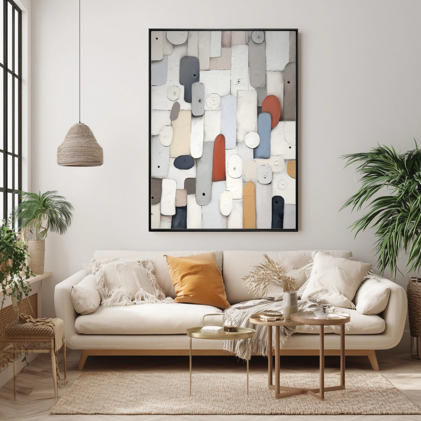 Modern living room with a abstract wall art piece, beige sofa, and decorative elements.