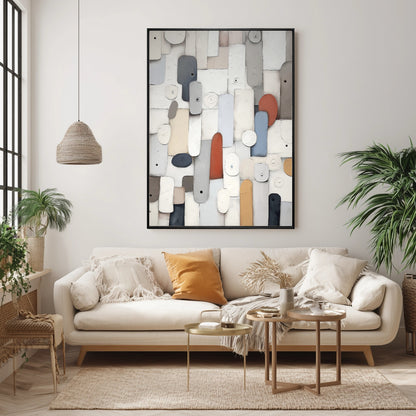 Modern living room with a abstract wall art piece, beige sofa, and decorative elements.