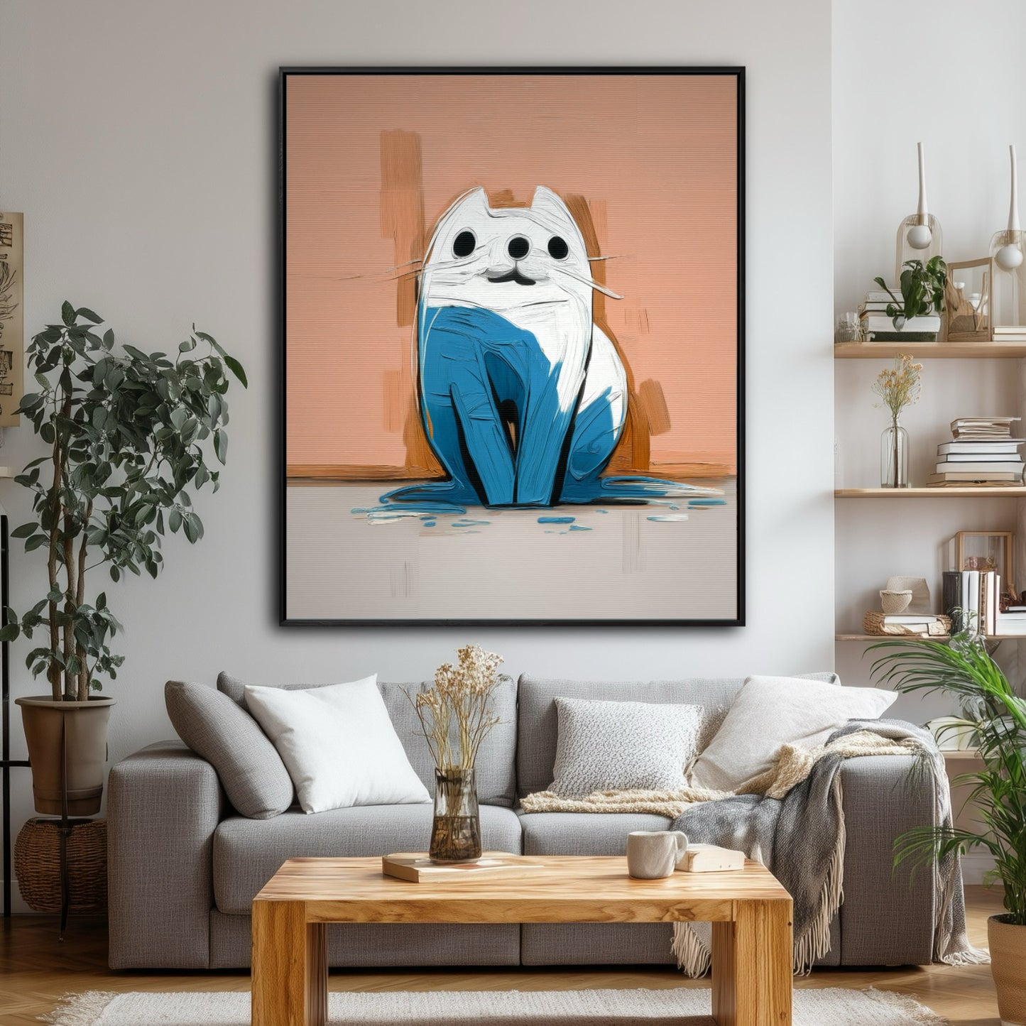Abstract blue cat painting hung in a modern living room with a grey sofa, wooden coffee table, and minimalist shelves.