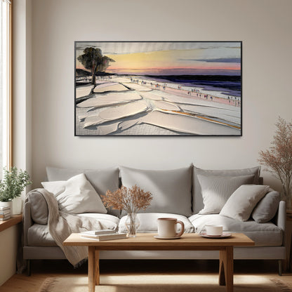 Original impasto landscape art providing a splash of color over a minimalist gray sectional with wooden accents, creating a calm and inviting vibe.