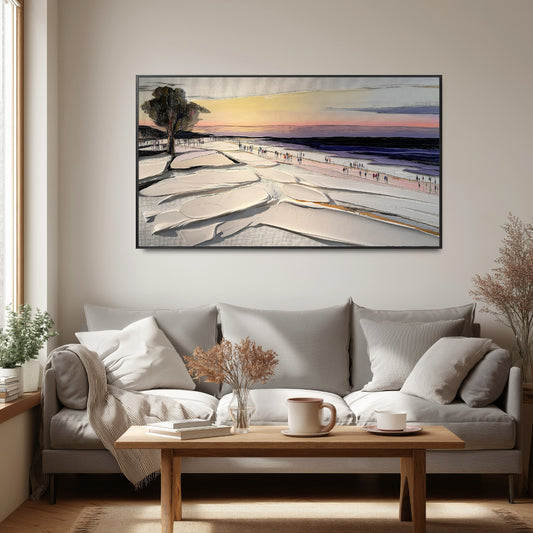 Original impasto landscape art providing a splash of color over a minimalist gray sectional with wooden accents, creating a calm and inviting vibe.