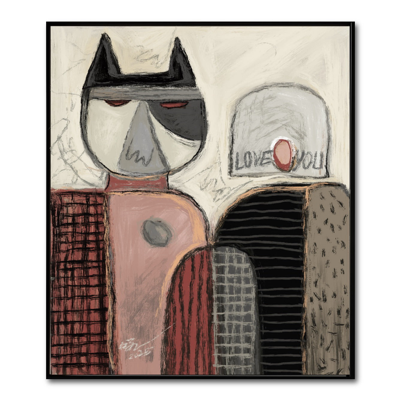 Abstract artwork of a cat and a person with 'I love you' text on a beige background