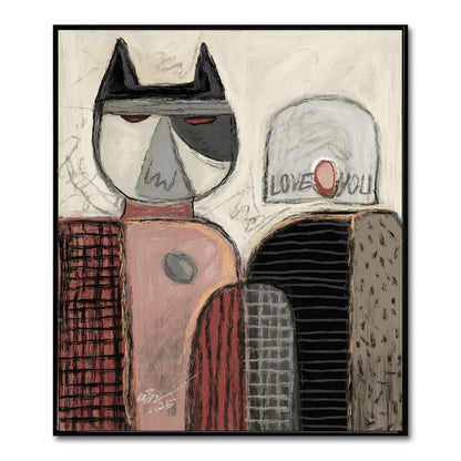 Abstract artwork of a cat and a person with 'I love you' text on a beige background