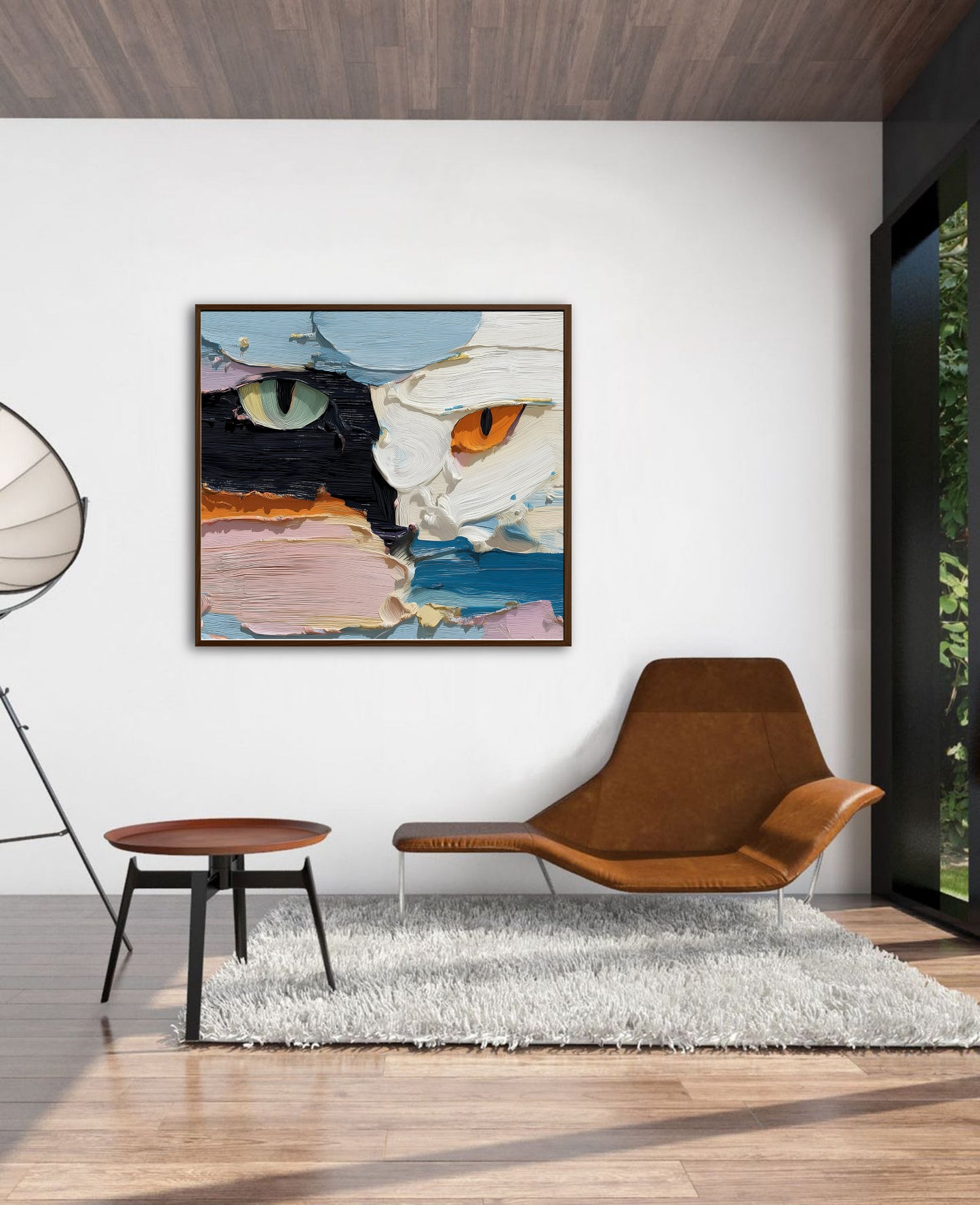 Abstract feline painting contrasting with the white shag rug and leather lounge chair, creating an edgy, contemporary focal point in the room.