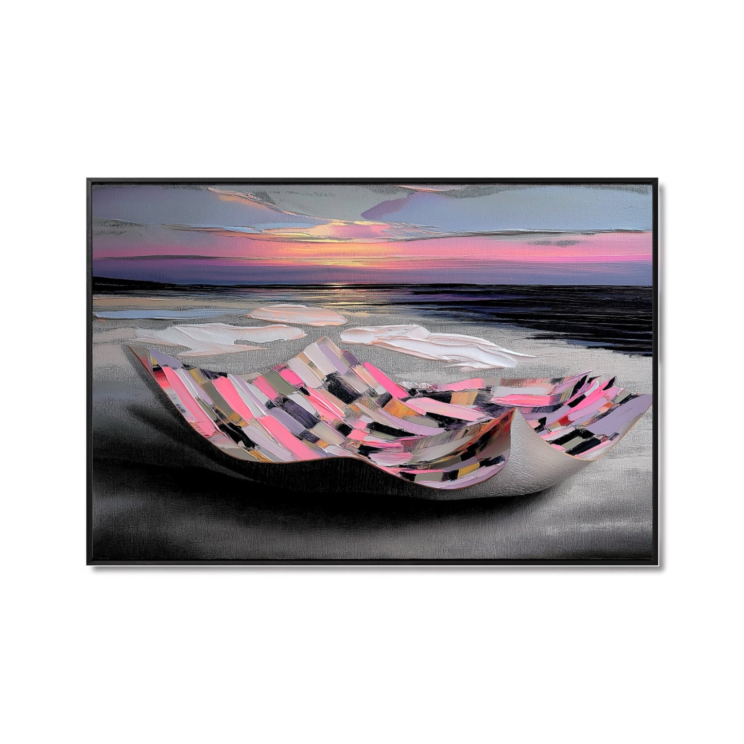Original, unique textured impasto abstract sunset oil painting with a central pink boat-like form, dark grays, and a dramatic, modern vibe.