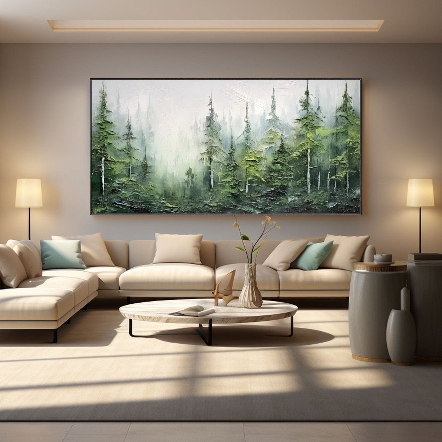 Modern living room with a large sectional sofa, coffee table, and wall art of a forest.