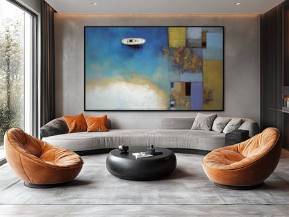 High-contrast abstract art balancing vibrant orange chairs with cool blues, creating a contemporary focal point against a dark industrial wall.