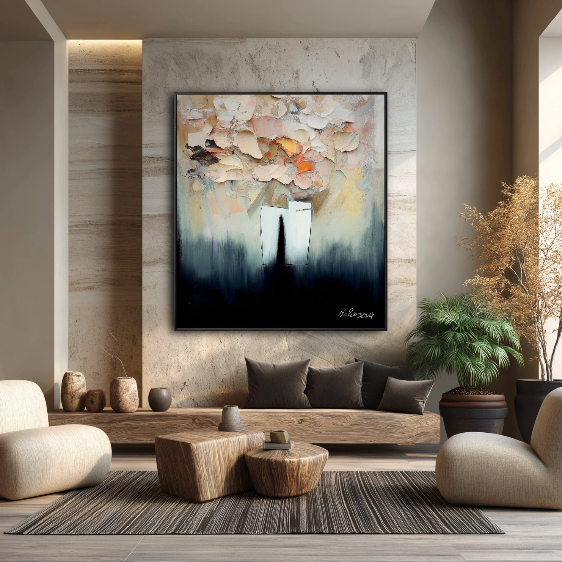 The warm, earthy tones of the impasto flowers perfectly accent the natural, rustic vibe of this wabi-sabi room with its slate wall.