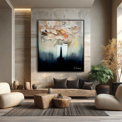 The warm, earthy tones of the impasto flowers perfectly accent the natural, rustic vibe of this wabi-sabi room with its slate wall.